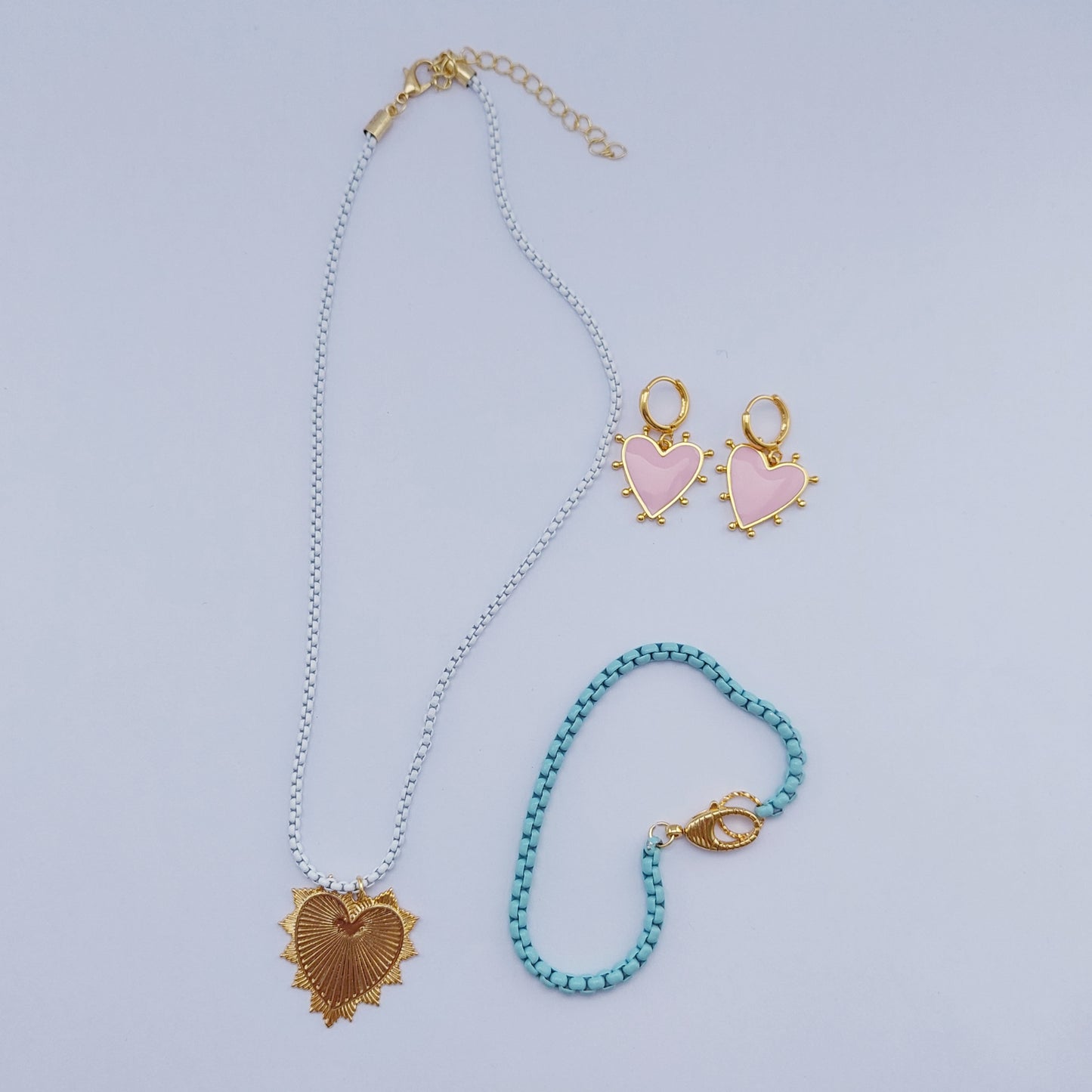 Big heart ketting met pink heart oorbellen & blue lagoon armband set