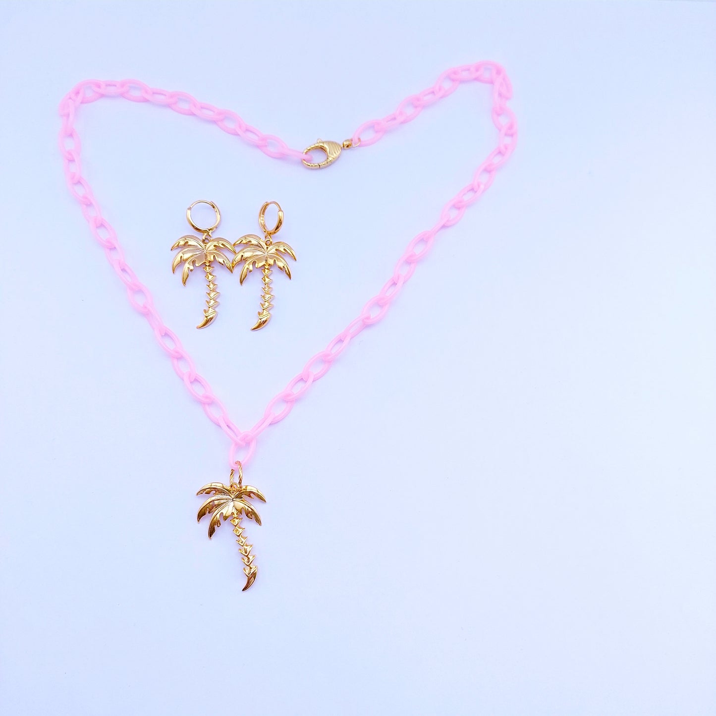 Pink palmboom ketting met oorbellen set