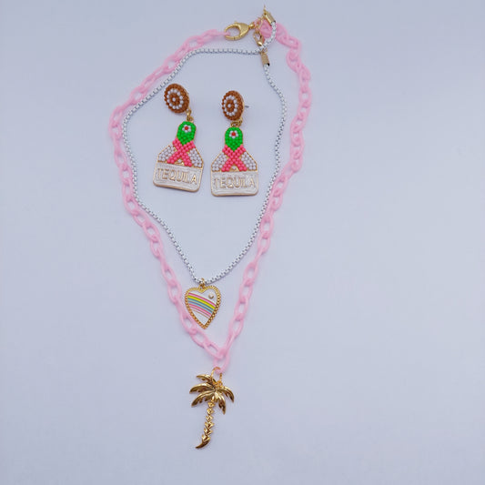 Rainbow heart & pink palmboom ketting met tequila oorbellen set