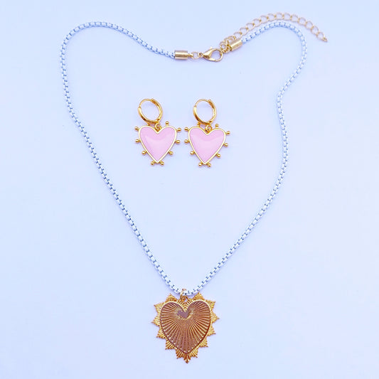 Pink heart oorbellen met big heart halsketting set