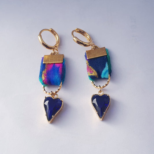 Art Deco cobalt hart medaille oorbellen